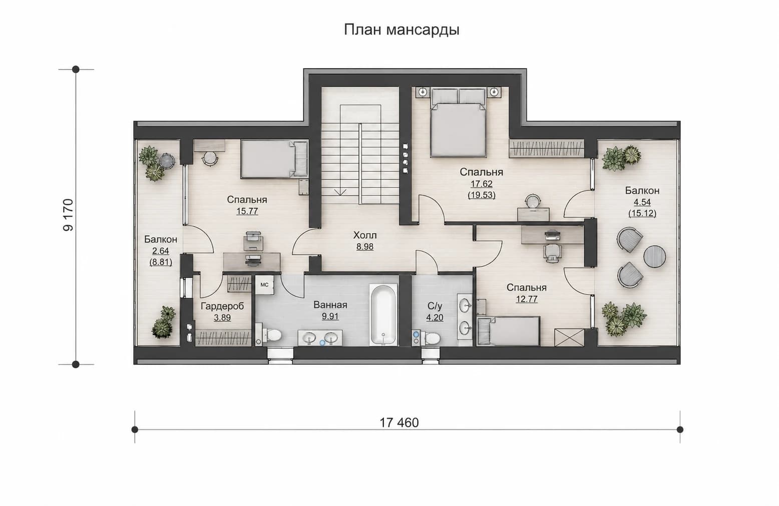 Планировка мансарды дома BURO 155